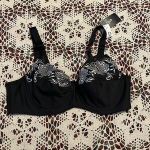 Elila Black Bra with White Floral Design